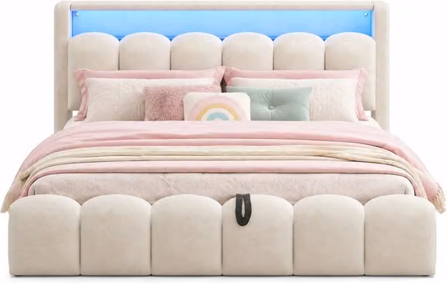 Letto matrimoniale 180x200 cm con contenitore idraulico; LED e USB-C in velluto beige