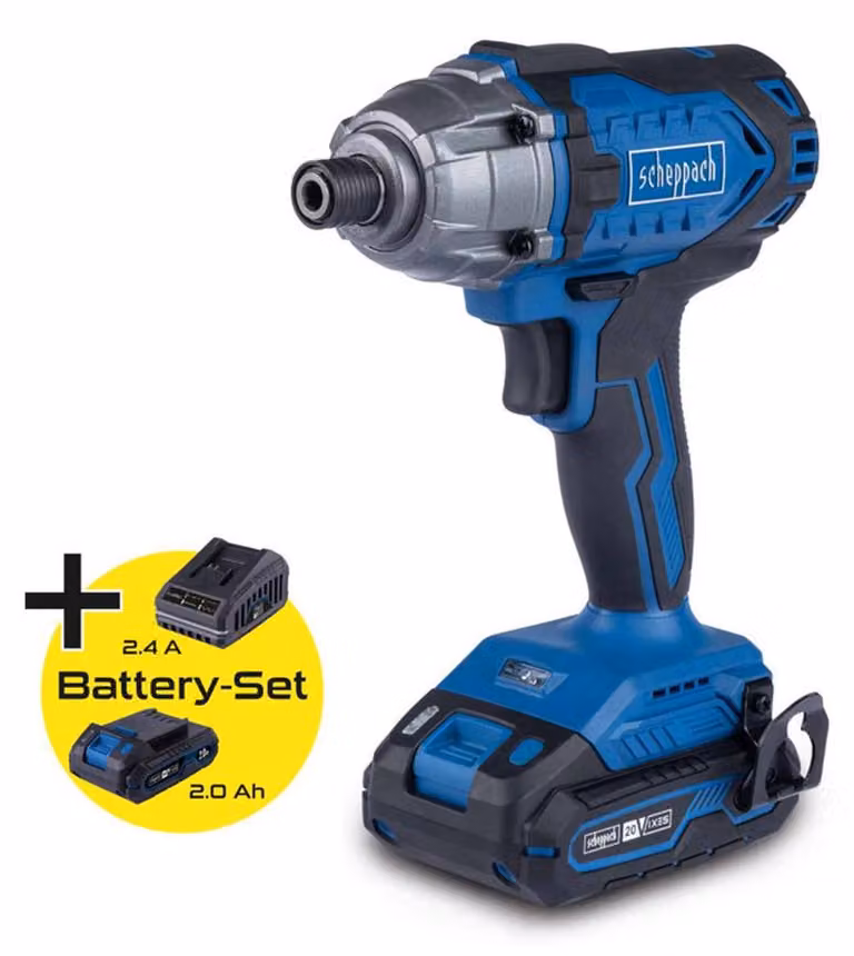 SCHEPPACH C-ID180-X IXES, set di avvitatori a percussione a batteria da 20V (1/4 di pollice) – 180 Nm, con LED, controllo della velocità, inclusi batteria da 2,0 Ah e caricabatterie da 2,4 A