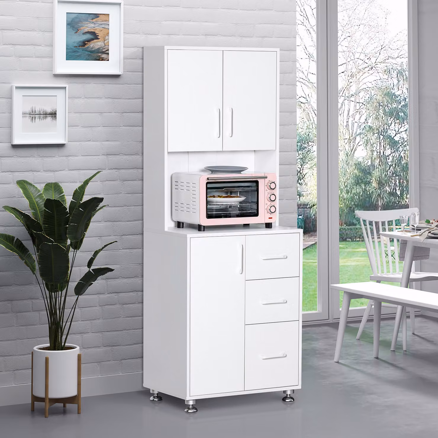 Buffet alto HOMCOM per cucina e soggiorno, armadio moderno con 3 porte, 3 cassetti e piano di lavoro, bianco, L: 60 cm, P: 40 cm, H: 160 cm – 2