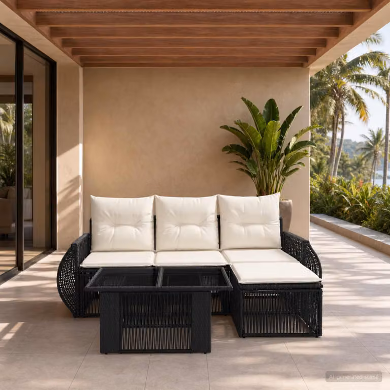 Set Divano da Giardino a L vidaXL in Polyrattan Nero e Bianco Crema con Tavolino e Ottoman