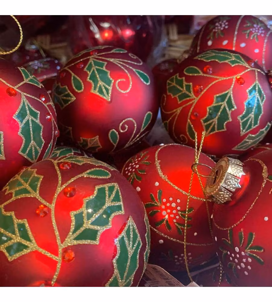 Decoris Pallina di Natale in Vetro Rosso con Decoro Agrifoglio - 8 cm