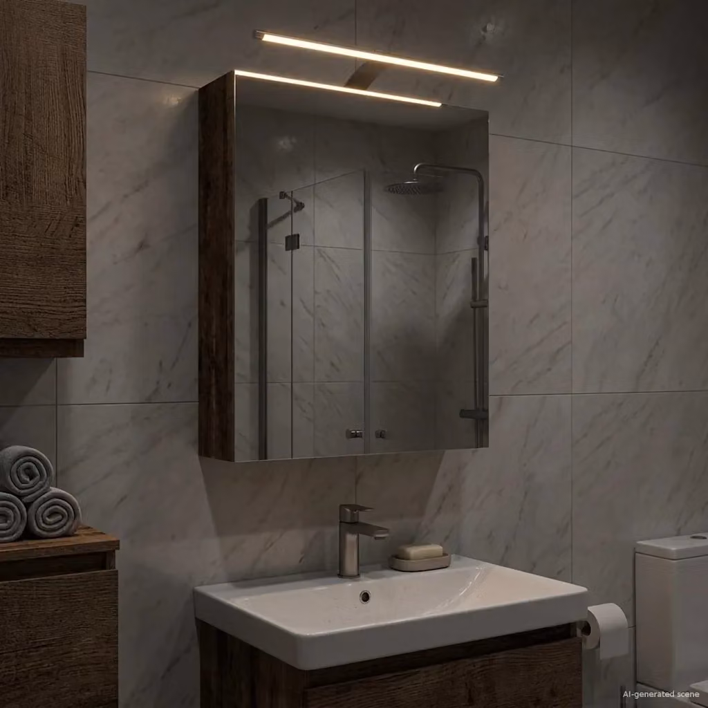 Mobiletto per specchio da bagno in legno marrone con illuminazione LED e ripiani interni, design minimalista, L: 50 cm, P: 14,5 cm, H: 70 cm – 2