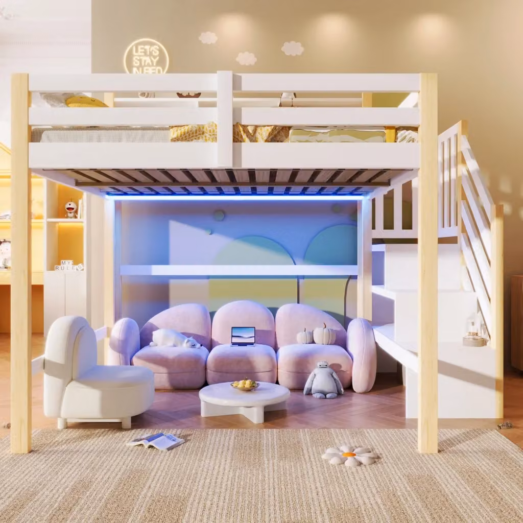 Letto a soppalco WISHDOR per bambini con scala contenitore, illuminazione LED sottostante e scomparti laterali, bianco e beige con finitura pino, L/P: 200 x 140 cm – 2
