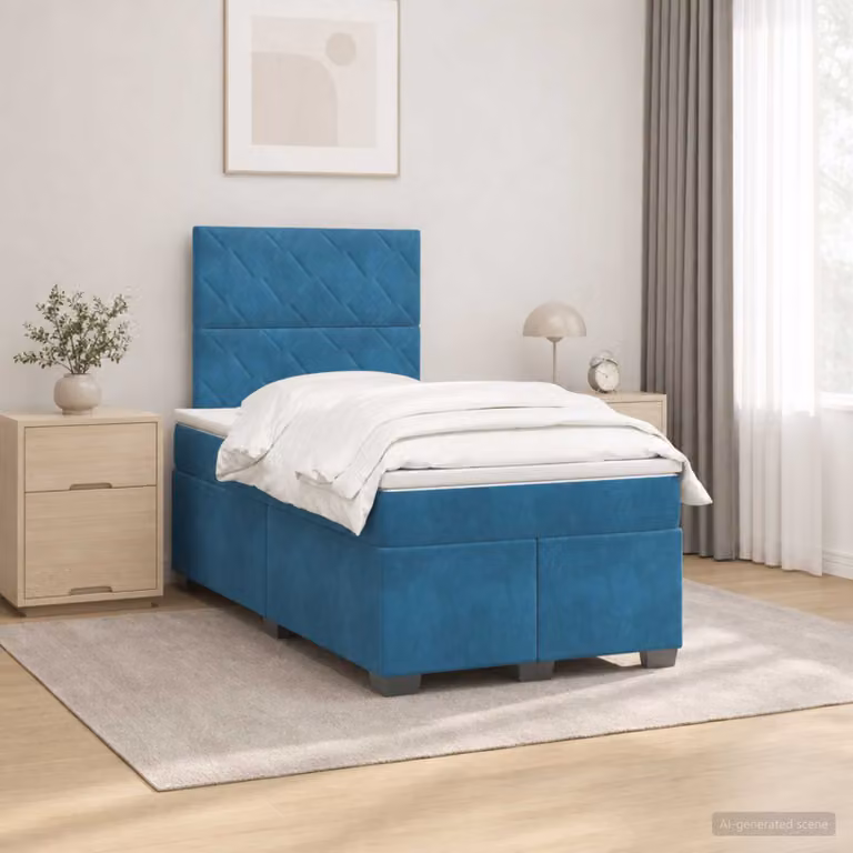 Letto box spring con materasso vidaXL in velluto blu e bianco, L/P: 120 x 200 cm