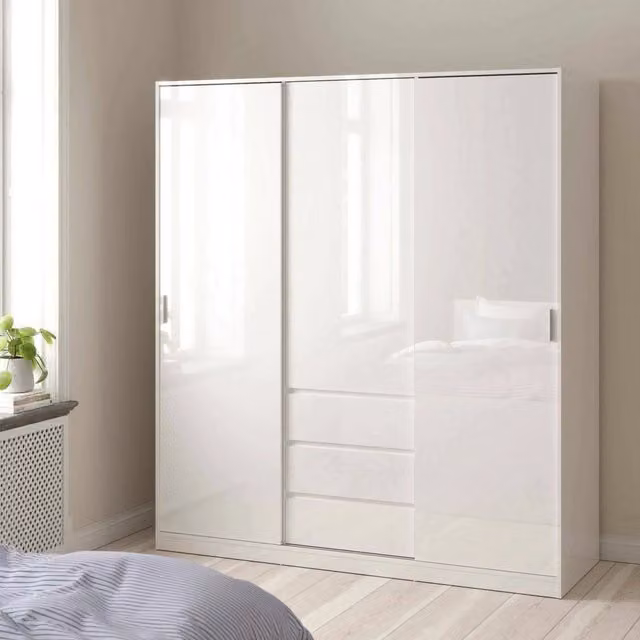Armadio Mathieu DMORA con ante scorrevoli e cassetti interni, Bianco lucido, L: 177 cm, P: 60 cm, H: 200,4 cm – 1