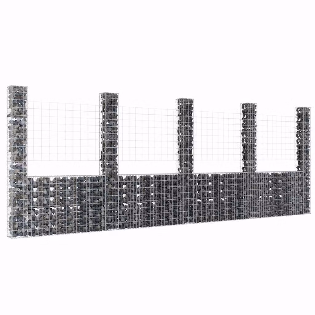 vidaXL Gabbione a U in metallo con 5 pali in ferro, colore grigio/argento, L 500 cm x P 20 cm x H 200 cm