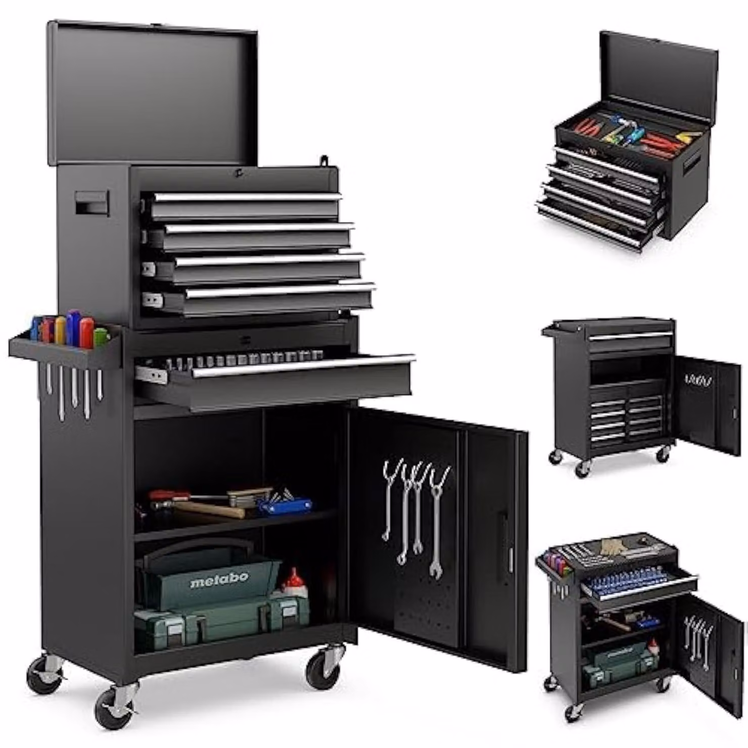 Carrello da officina 2 in 1, completo di valigetta, 8 scomparti, ganci e piano regolabile