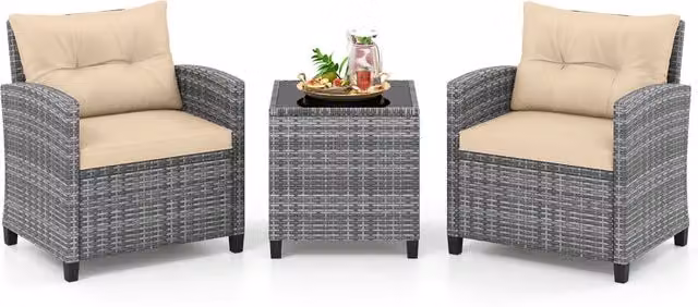 Set mobili da esterno 3 pezzi con vetro temperato morbidi cuscini, Set sedie e tavolo in rattan per balcone veranda e giardino Giallo