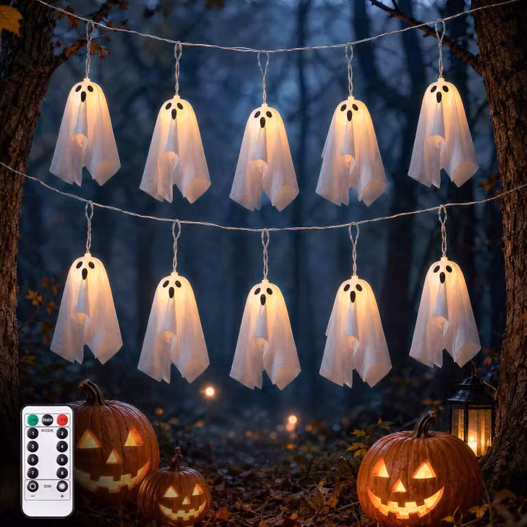 Catena luminosa a LED a forma di fantasmi per Halloween, lunghezza 2,75 m, con timer, 8 modalità, luce bianca