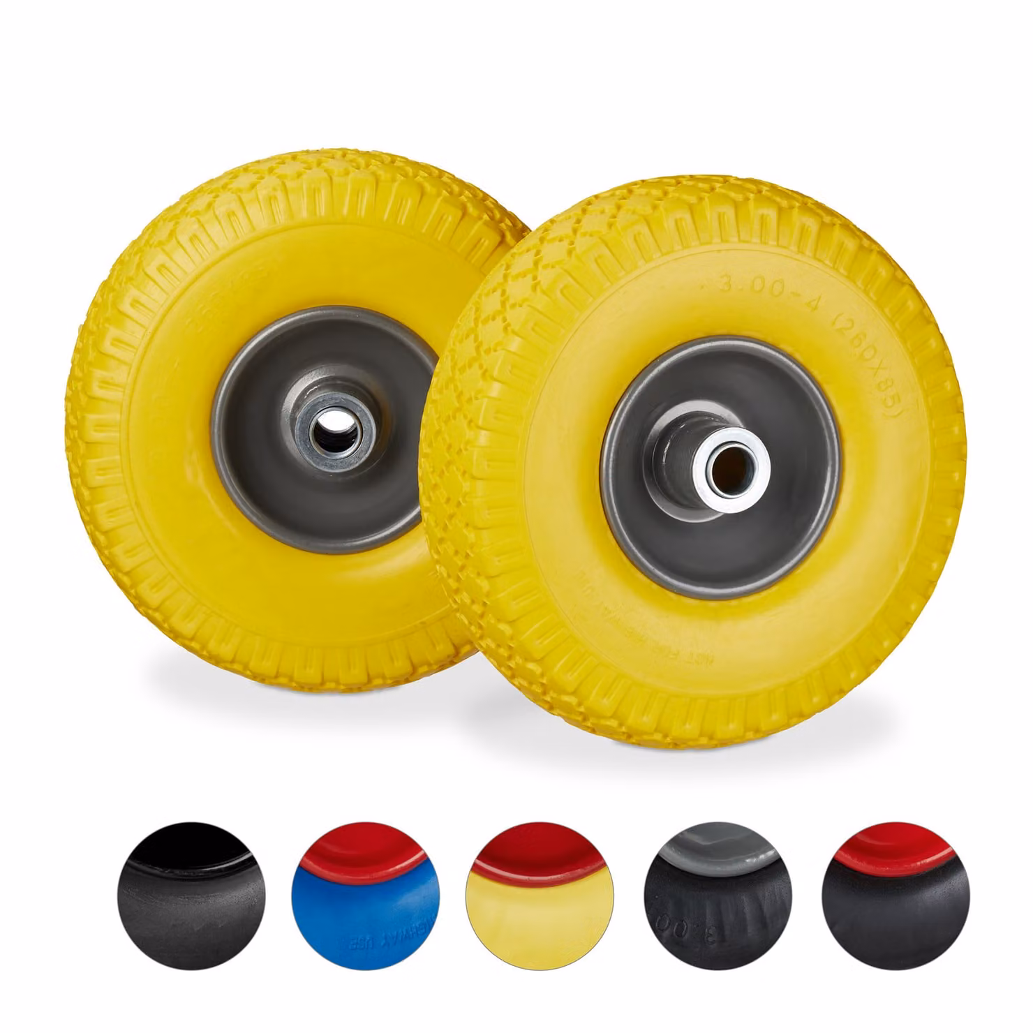 4 ruote per carrello a mano, pneumatici in gomma piena anti-foratura, cerchio in acciaio 3.00-4", asse da 20 mm, portata 100 kg, ruota di scorta 260x85 mm, giallo-grigio