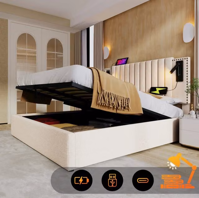 Letto contenitore 160x200 cm beige in cotone; con luce da lettura; 2 USB e 2 Type-C; materasso non incluso
