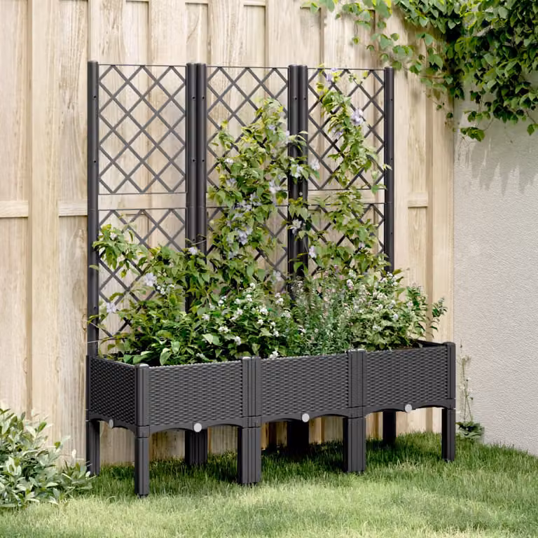 Fioriera da giardino con traliccio vidaXL nera in plastica L: 120 cm, P: 40 cm, H: 142 cm
