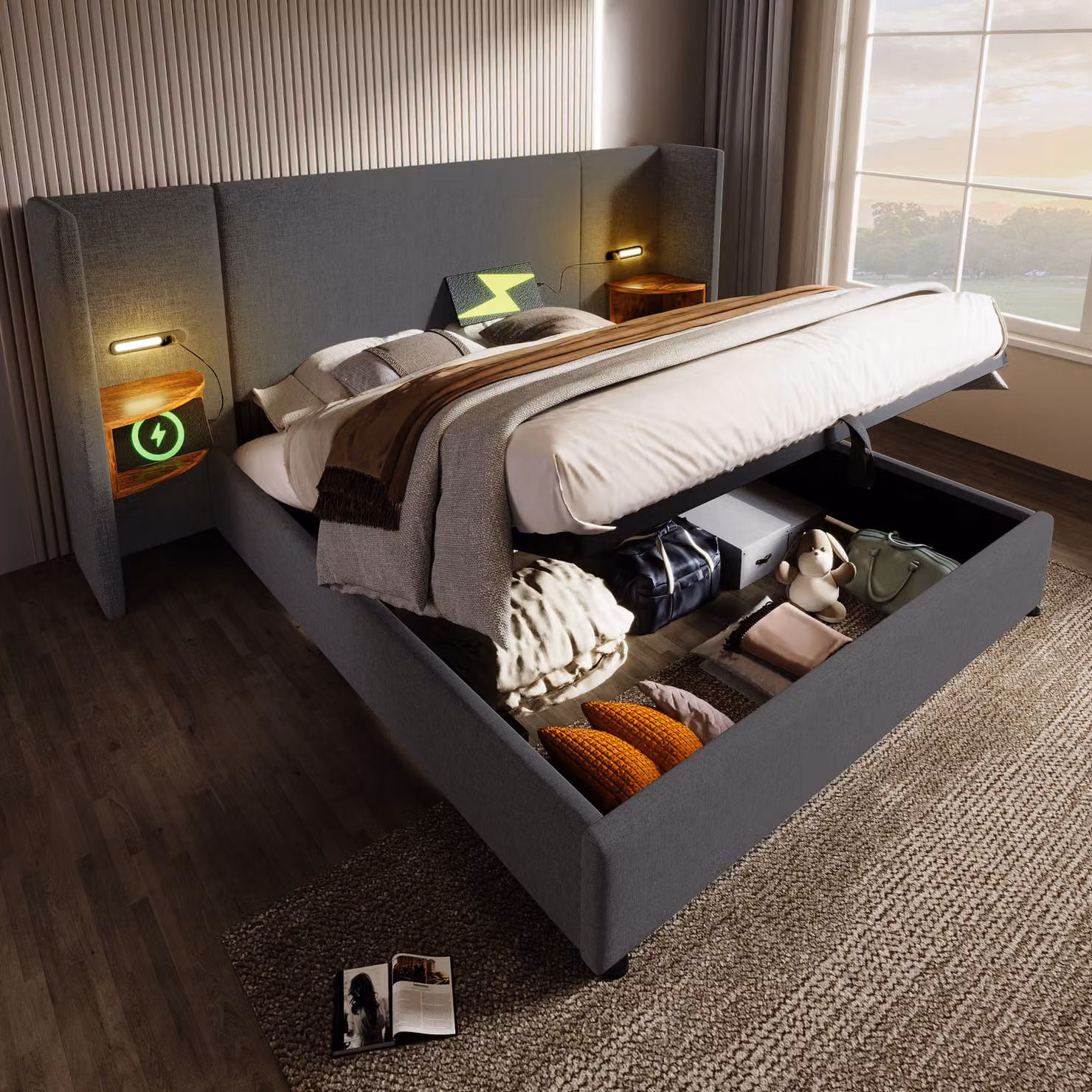 Letto imbottito idraulico Flieks 180x200cm con comodino e funzione cassetto, letto matrimoniale contenitore letto a molle con lampada da lettura, lino, grigio