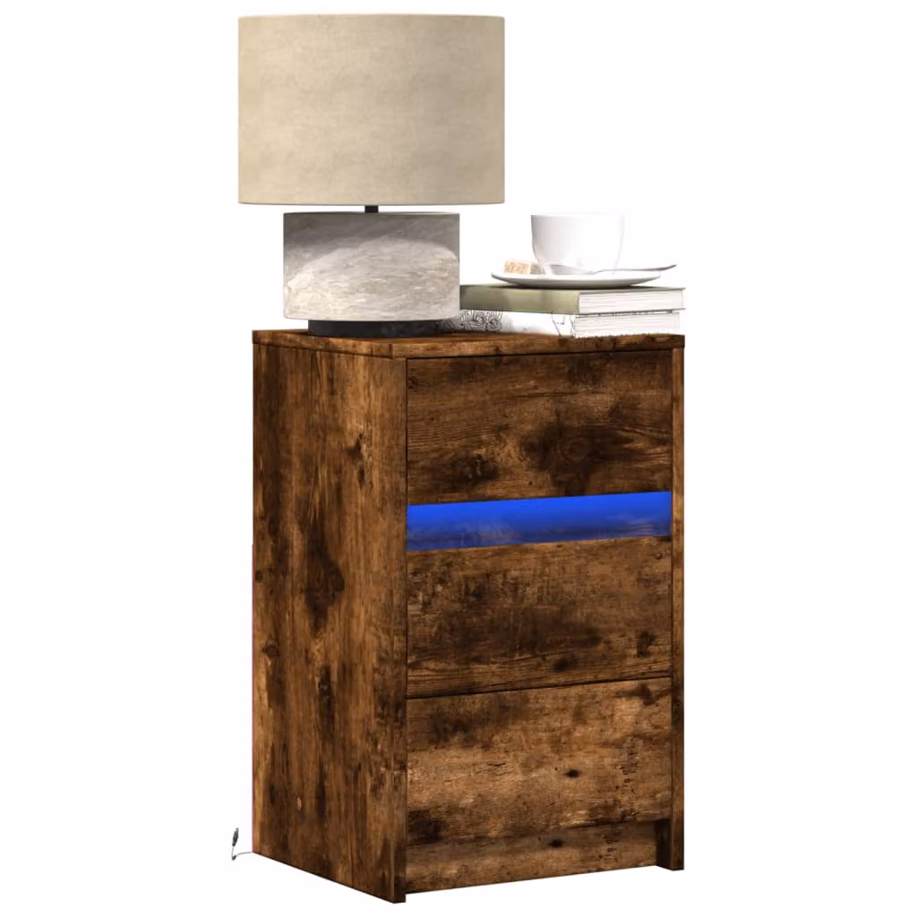 Comodino moderno vidaXL con luci LED in legno Rovere Fumo, sospeso a parete, marrone opaco L: 34,0 cm, P: 38,0 cm, H: 61,0 cm