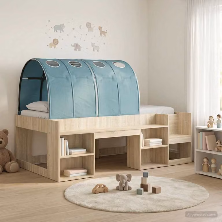 Letto per bambini con tunnel e scaffale vidaXL in legno Rovere Sonoma e Azzurro L: 193,0 cm, P: 103,5 cm, H: 65,0 cm