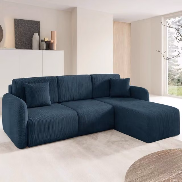 Divano Letto Ranco DMORA con Penisola Contenitore, Rivestimento in Tessuto Blu, L/P: 245 x 185 cm