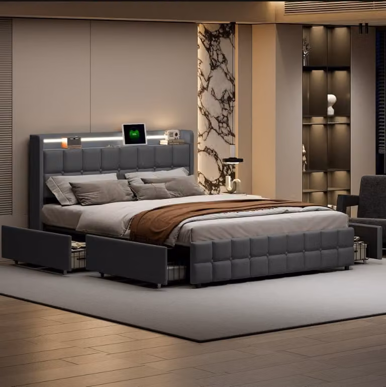 Letto imbottito 160x200cm, letto matrimoniale con 2 USB e 4 cassetti, letto contenitore letto giovanile con rete a doghe e Led, letto funzionale letto in legno massiccio, biancheria