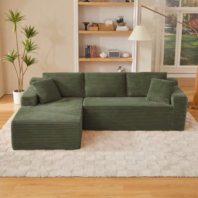 Divano modulare con chaise longue, cuscini removibili e rivestimento lavabile in schiuma e molle - verde