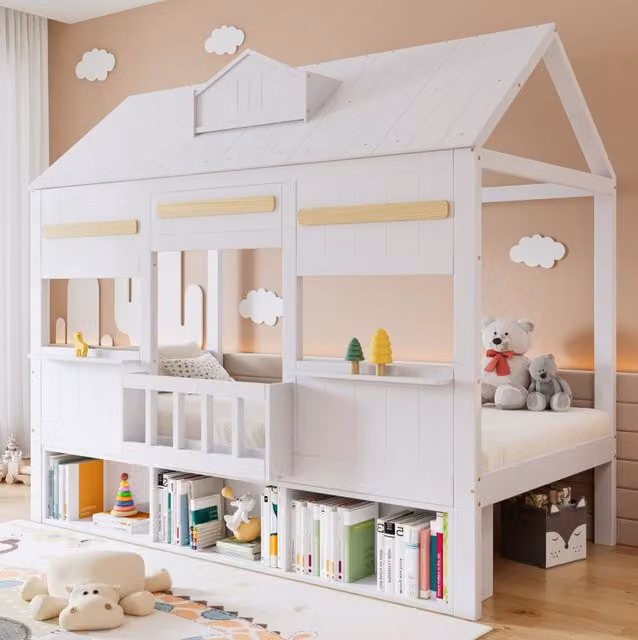 Letto a soppalco per bambini bianco 90x200 cm con libreria integrata