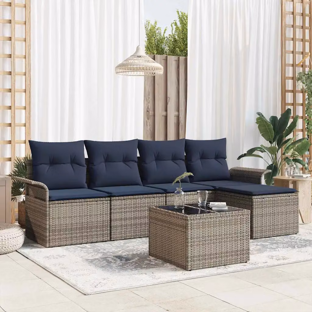 Set Divano da Giardino vidaXL 6 pz in Polyrattan Grigio con Tavolino in Vetro e Metallo