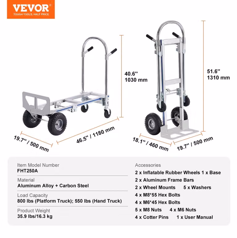 Carrello pieghevole 2 in 1, utilizzabile come carrello portante e come piattaforma, con struttura in alluminio e elevata capacità di carico, ideale per trasporti e traslochi