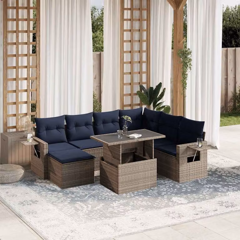Set di divani da giardino vidaXL in polyrattan grigio con cuscini e tavolino da esterno 8 pz