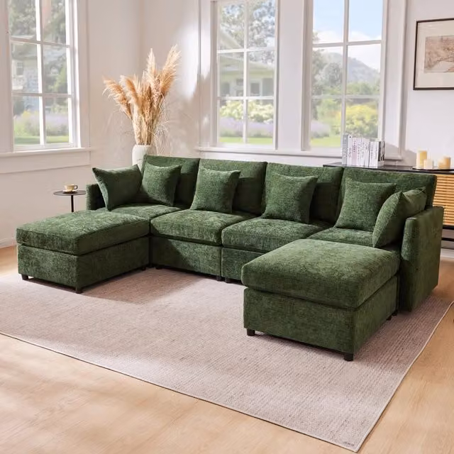 Divano modulare a U o L 278 x 161 x 81 cm con due pouf e sei cuscini; ciniglia; verde