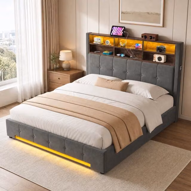 Letto matrimoniale 160×200 cm con vano idraulico, 6 vani, USB-C, LED regolabile e tasche laterali, senza materasso