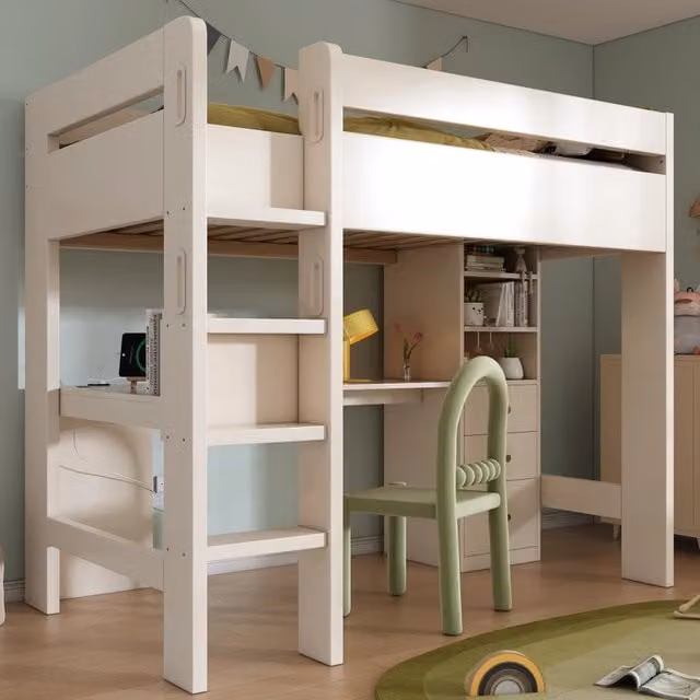 Letto a soppalco 90x200 cm con scrivania a L, cassetti e USB-C in MDF bianco