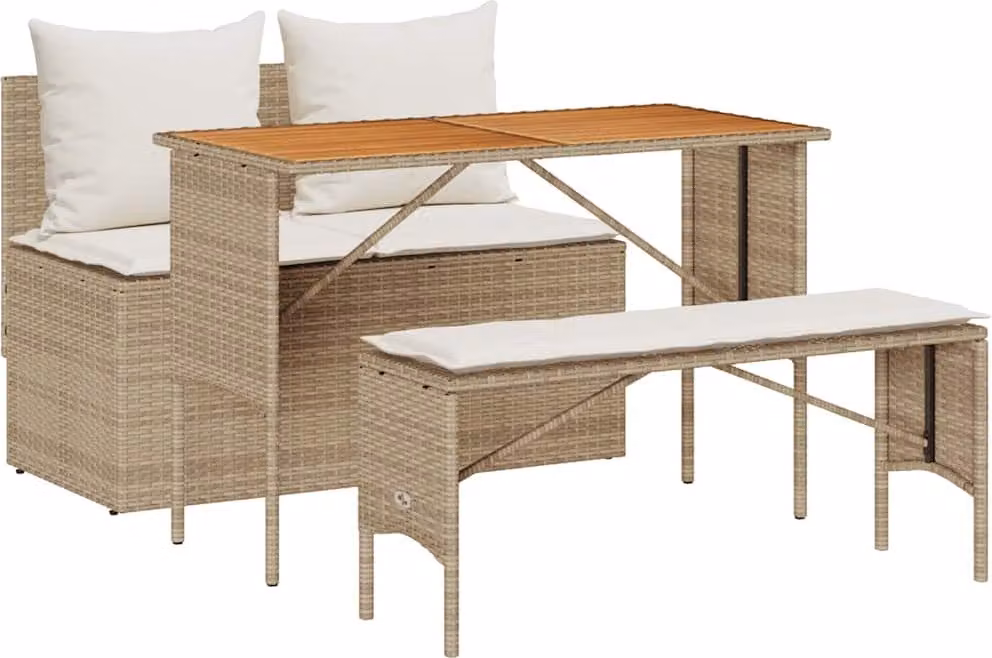 Set da Pranzo da Giardino 3 pz con Cuscini Beige in Polyrattan