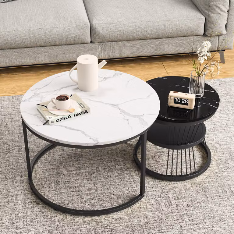 Set di 2 tavolini da caffè rotondi, neri e bianchi