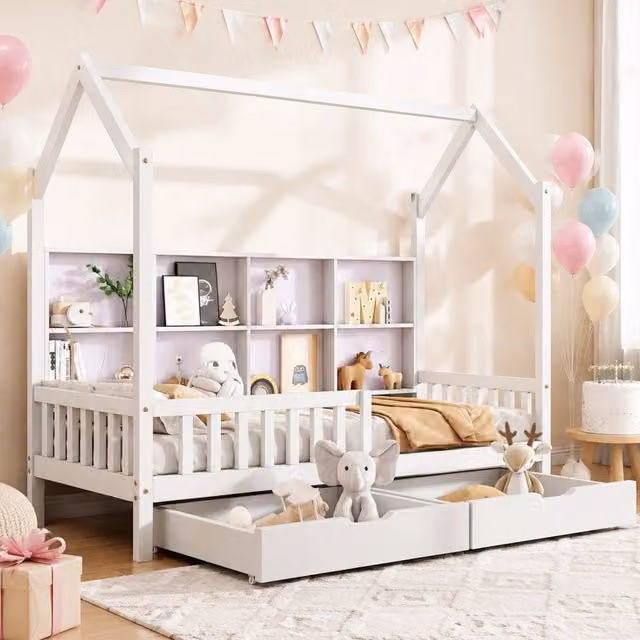Letto a casetta per bambini 90x200 cm in legno massello di pino bianco con ripiani e 2 cassetti