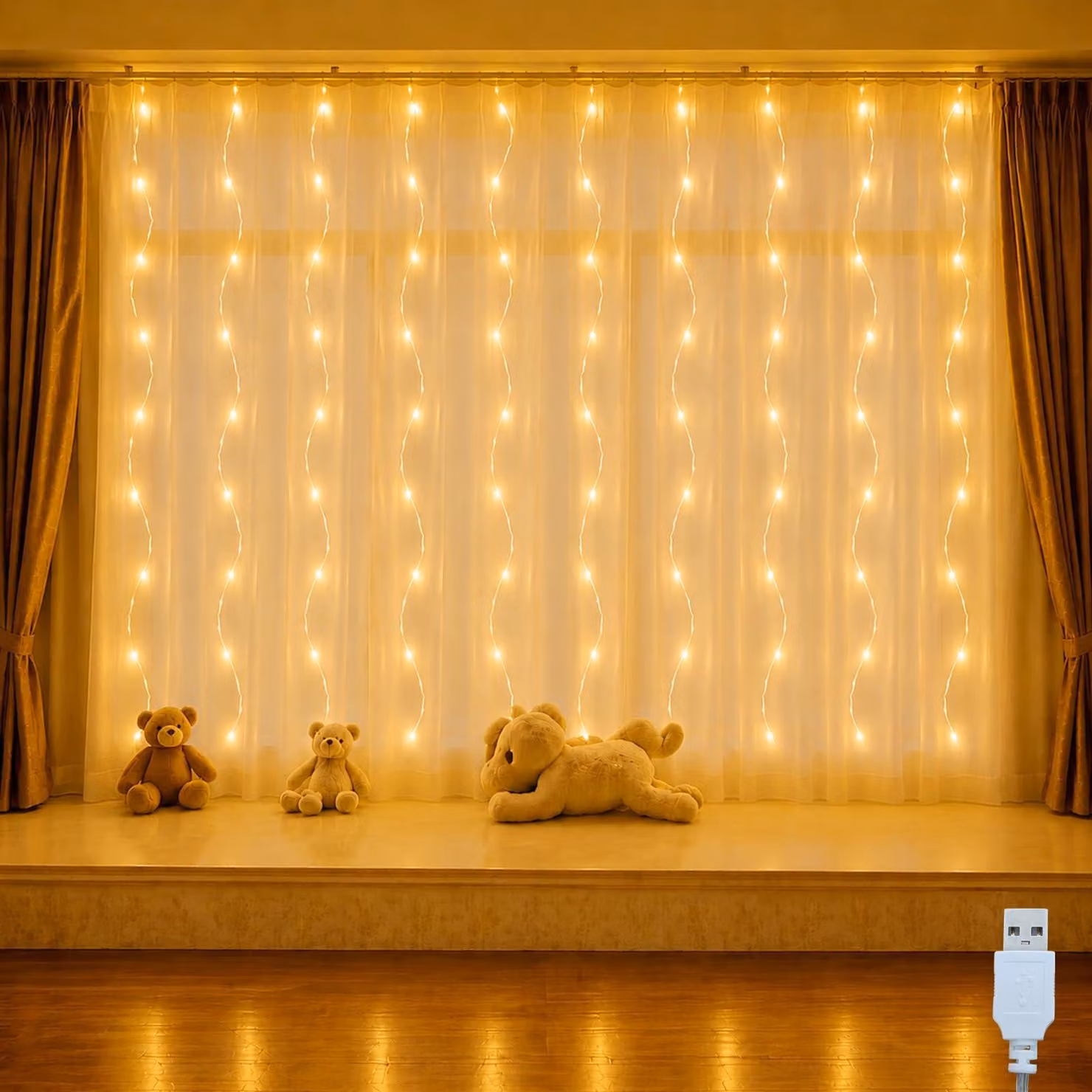 Tenda luminosa, dimensioni 2x1 metro, 100 LED, alimentazione USB, luce calda, con ganci
