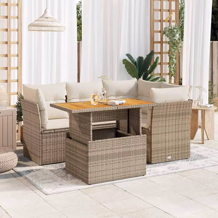 Set Divano da Giardino vidaXL 5 pz in Polyrattan e Legno di Acacia con Cuscini Beige e Bianchi