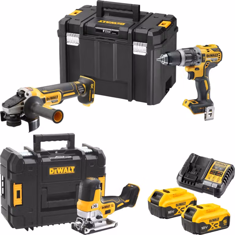DeWalt DCK 329 P2T Set combinato a batteria 18 V DCD 796 Avvitatore a percussione + DCG 405 Smerigliatrice angolare + DCS 335 Seghetto alternativo + 2x batteria 5,0 Ah + caricabatteria + 2x TSTAK