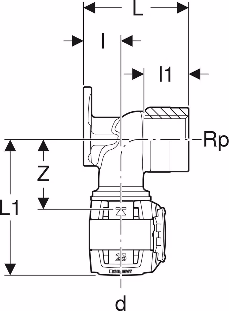 Geberit GE FlowFit angolo di raccordo, RG+, d20 mm x Rp1/2, L5,2 cm, 1 pz.
