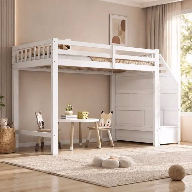 Letto a soppalco ULEVR 90x200 cm con rete a doghe, protezione laterale e scala contenitore, bianco