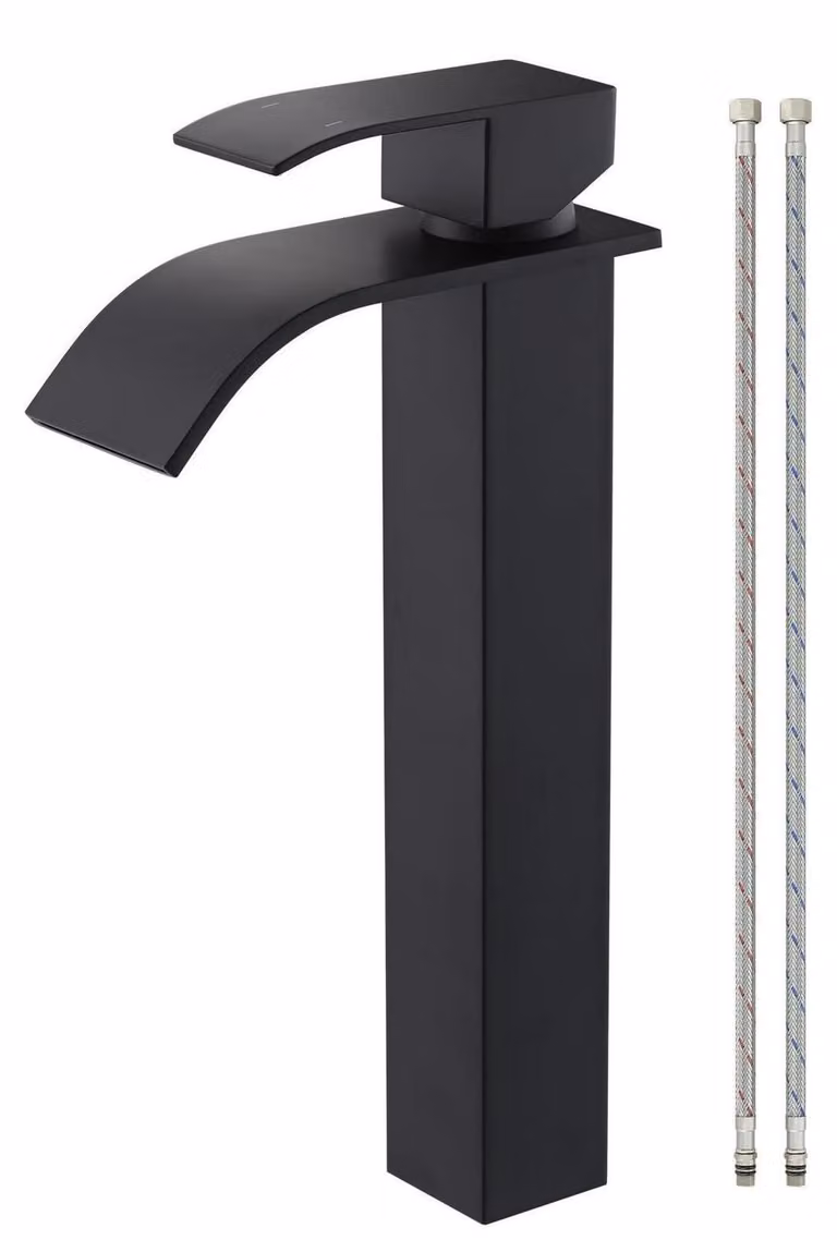 Rubinetto per lavabo a cascata, nero, miscelatore monocomando, acciaio inossidabile, altezza del beccuccio 224 mm, adatto per lavabi con un foro, completo di tubi flessibili per l'acqua da 60 cm