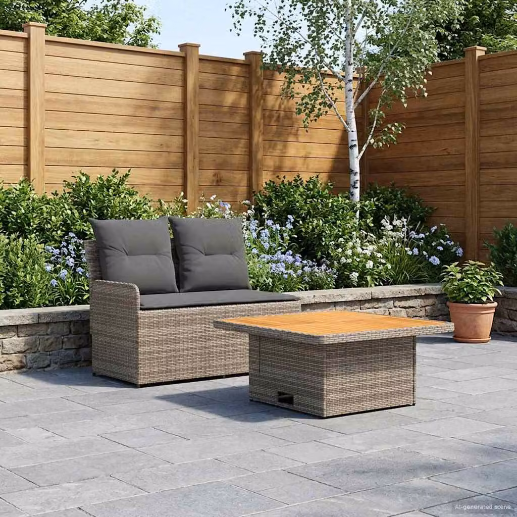 Set da giardino vidaXL composto da divano angolare a 2 posti con braccioli e tavolino da caffè in polyrattan grigio con cuscini inclusi