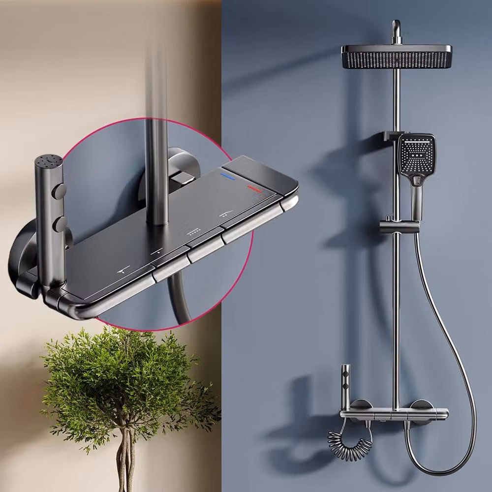 Sistema doccia con miscelatore e soffione - Display digitale a LED - Pulsanti a sfioramento - Illuminazione ambientale - Ottone - Regolabile in altezza - Grigio specchio