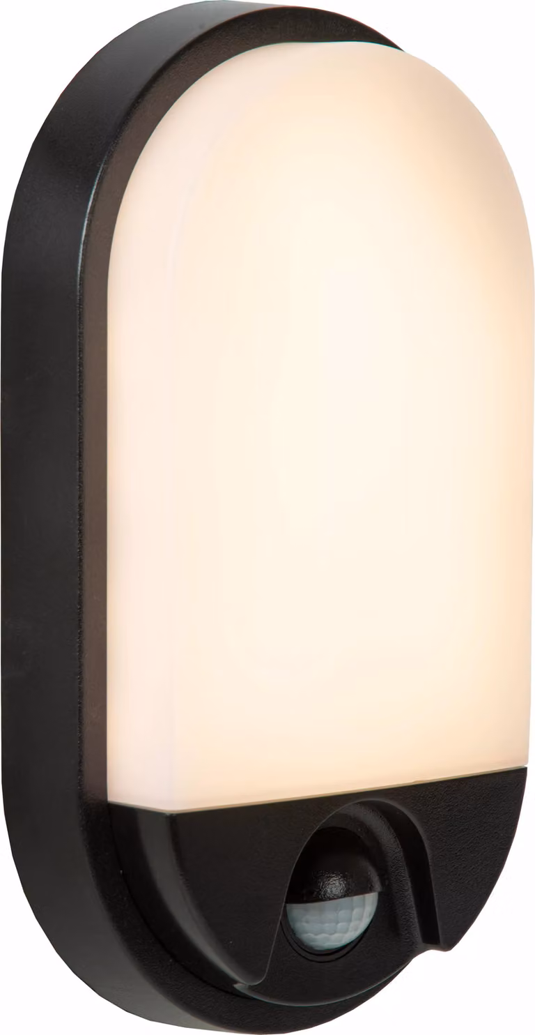 Applique da esterno nera a forma di ellisse con sensore di movimento integrato e LED da 10 W HUPS Lucide