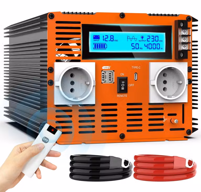 Convertitore di tensione a onda sinusoidale pura da 4000 W - 12 V a 230 V - Con doppia presa di corrente e porta USB - Per auto e camper