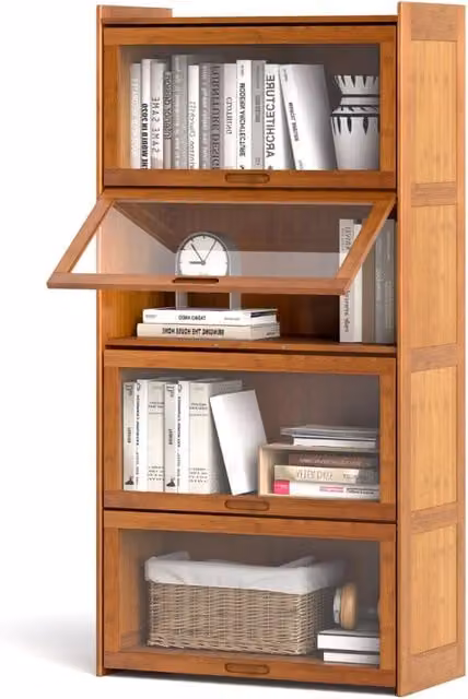 Libreria a 4 ripiani con ante in acrilico trasparente, Libreria in bamb¨´ 140cm per studio e soggiorno Marrone-Scaffali e librerie