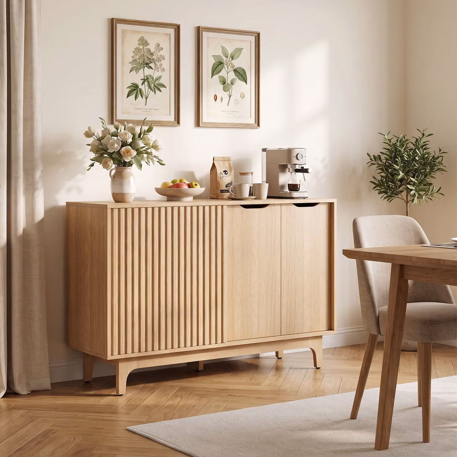 Credenza da cucina Costway in legno con ante scorrevoli e ripiani interni, mobile organizzatore stile scandinavo, marrone e beige, L: 119 cm, H: 40 cm