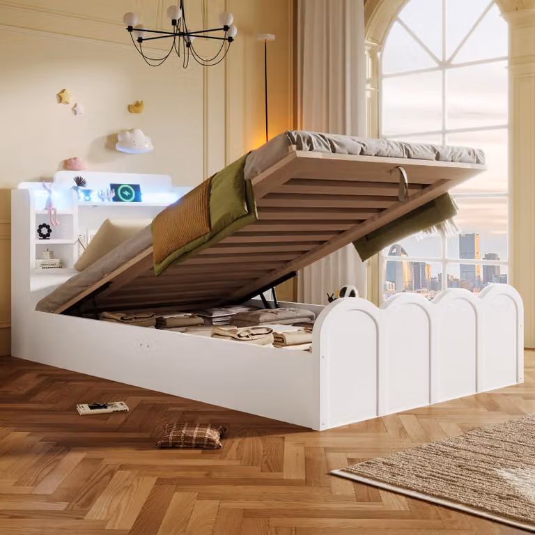 MODFU Letto a una piazza 90x200, design pieghevole, Letto per bambini con comodino e lampada, Letto contenitore con vano portaoggetti a ribalta, senza materasso, Bianco