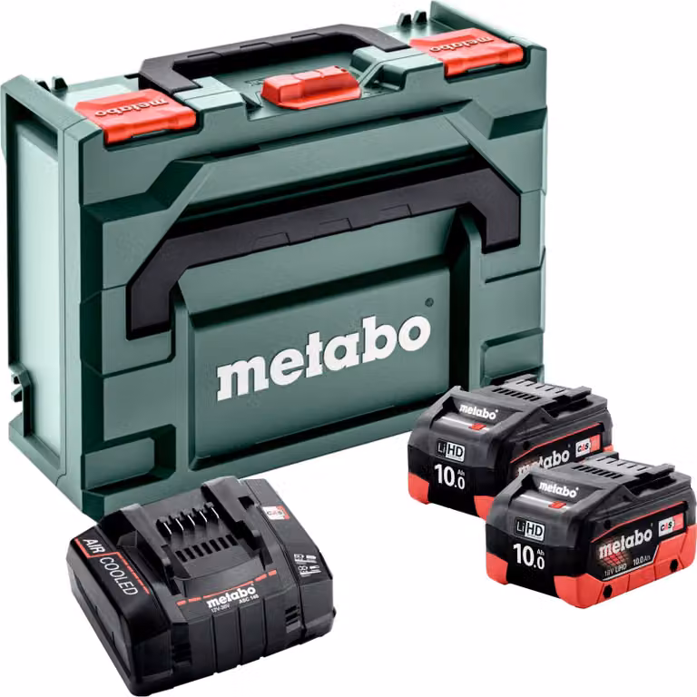 Set base Metabo 2x batteria LiHD 18 V 10,0 Ah Li-Ion sistema CAS ( 685142000 ) + caricatore ASC 145 RAFFREDDATO AD ARIA + metaBOX