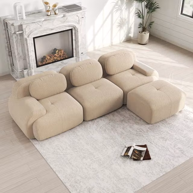 Divano angolare modulare senza montaggio senza telaio ergonomico con ampi braccioli in tessuto corduroy beige