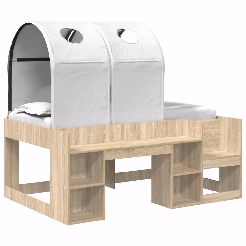 Letto a castello per bambini vidaXL con struttura a casetta e scaffali, Bianco e Rovere, L: 120 cm, P: 108,5 cm, H: 163 cm – 2