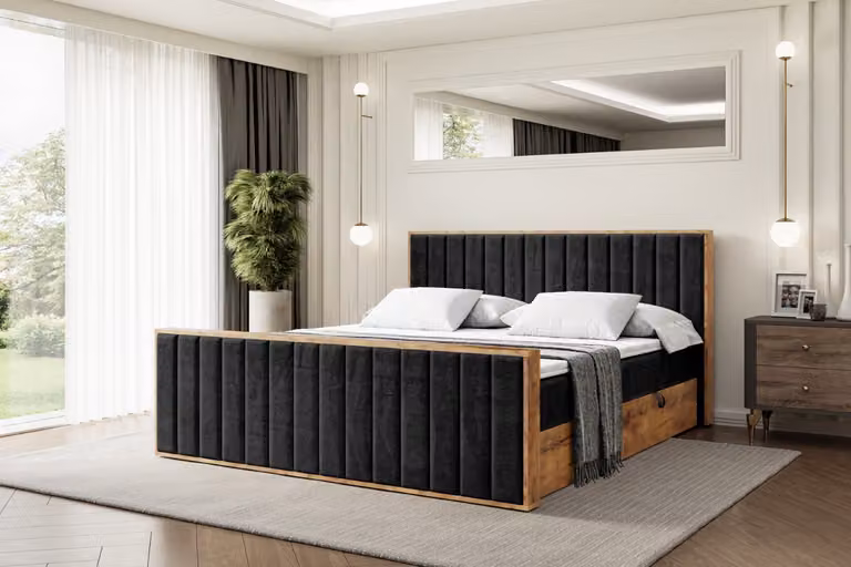 Letto boxspring ALTDECOR con materasso e rete a doghe, coprimaterasso, pediera, letto imbottito con contenitore, letto con spazio contenitivo e materasso H3, letto matrimoniale, letto a cassettoni - LOLLI4-Z - 160x200 - Nero Casablanca