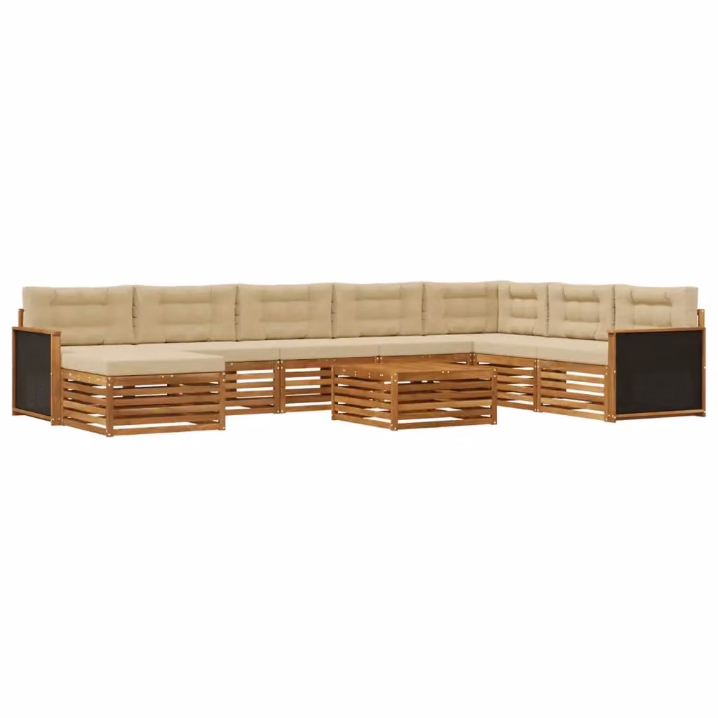 Set di divani da esterno a L vidaXL in legno di acacia con 9 pezzi, colore beige e marrone, comprensivo di pouf, tavolino e cuscini – 2